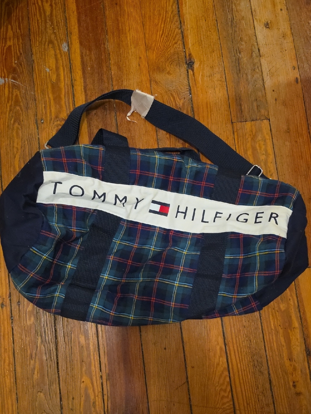 Tommy Hilfiger Navy Plaid Duffel with Red & Green Accents